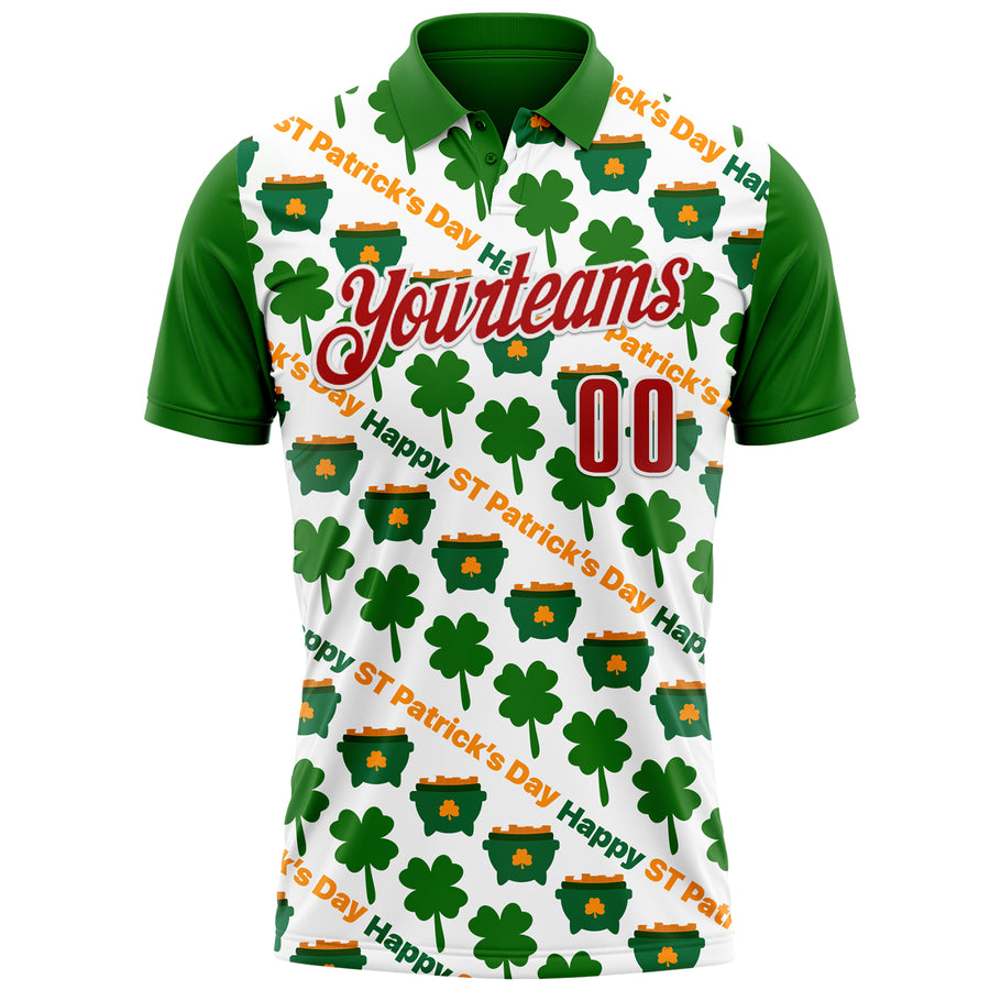 Custom White Red-Green 3D St. Patrick's Day Shamrock Performance Polo Shirt