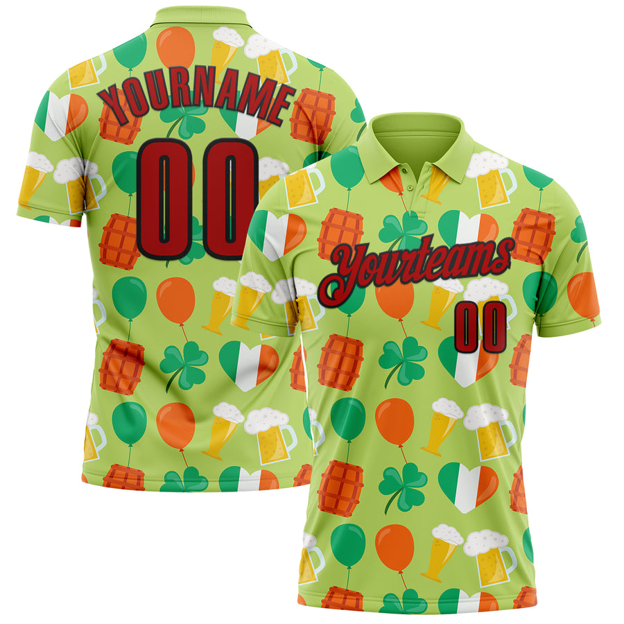 Custom Green Red-Black 3D St. Patrick's Day Shamrock Beer Performance Polo Shirt