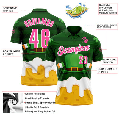 Custom Green Pink-White 3D St. Patrick's Day Shamrock Beer Performance Polo Shirt