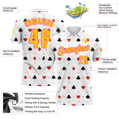 Custom White Yellow-Pink 3D Gambling Poker Performance Polo Shirt