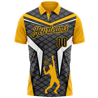 Custom Steel Gray Black-Gold 3D Tennis Performance Polo Shirt