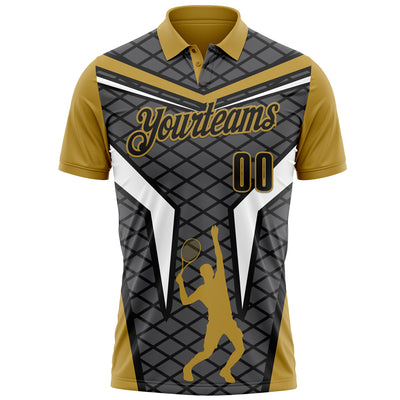 Custom Steel Gray Black-Old Gold 3D Tennis Performance Polo Shirt