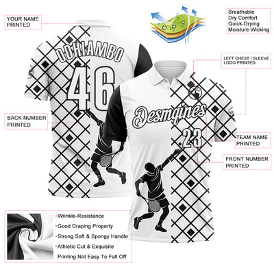 Custom White Black 3D Tennis Performance Polo Shirt