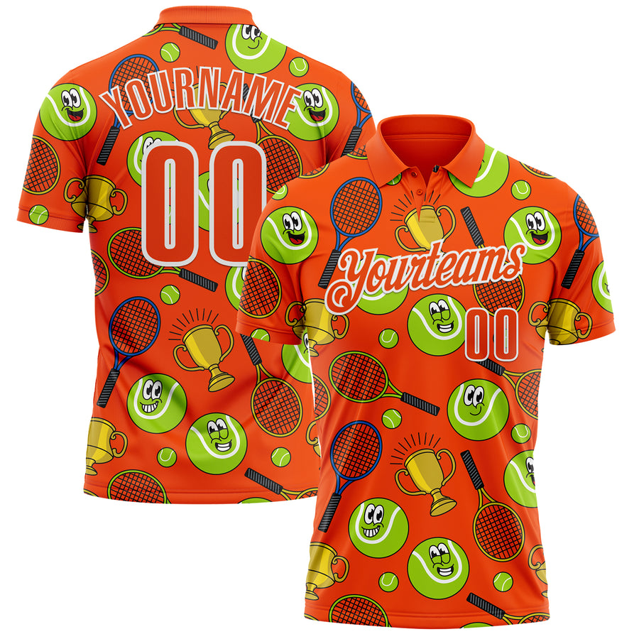 Custom Orange White 3D Tennis Performance Polo Shirt