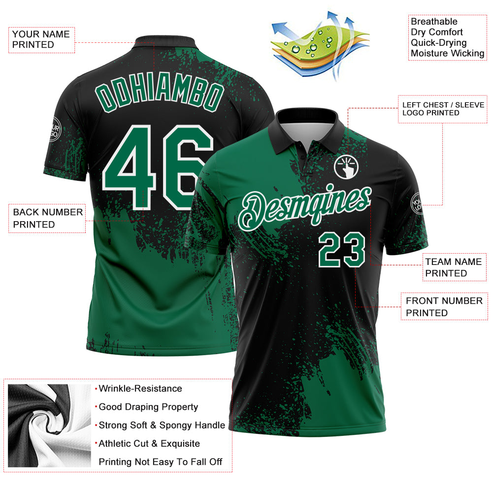 Custom Kelly Green Black-White 3D Pattern Design Abstract Brush Stroke Performance Polo Shirt