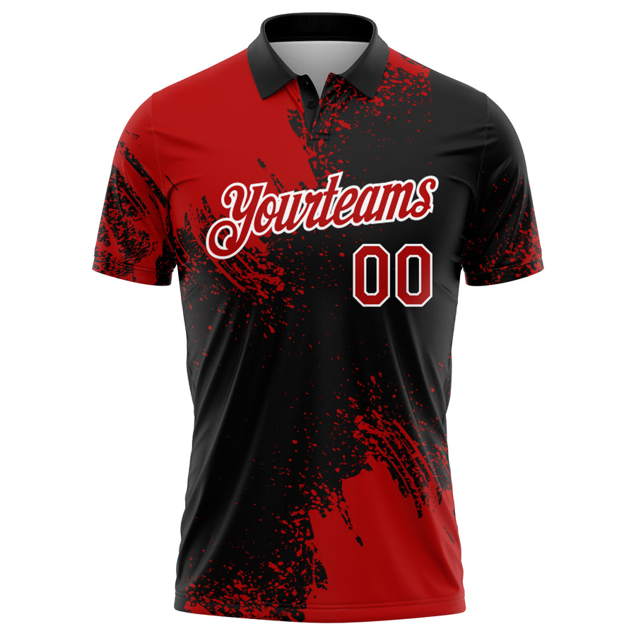 Custom Red Black-White 3D Pattern Design Abstract Brush Stroke Performance Polo Shirt