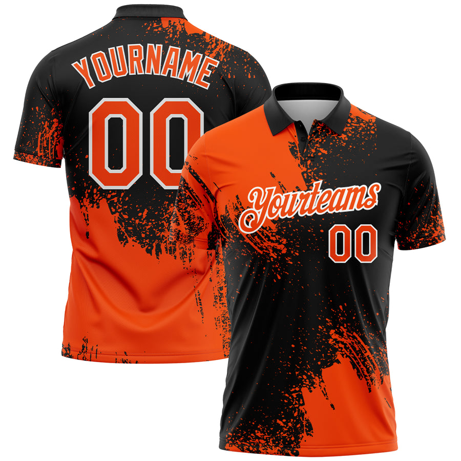 Custom Orange Black-White 3D Pattern Design Abstract Brush Stroke Performance Polo Shirt