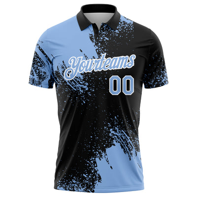 Custom Light Blue Black-White 3D Pattern Design Abstract Brush Stroke Performance Polo Shirt