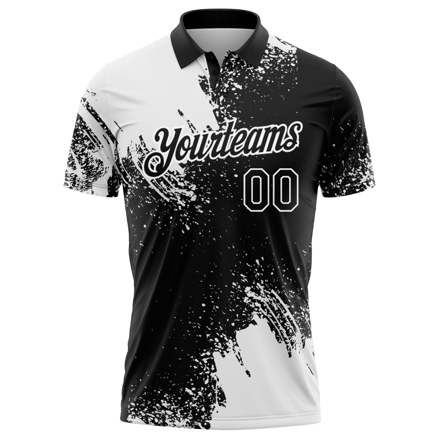 Custom White Black 3D Pattern Design Abstract Brush Stroke Performance Polo Shirt