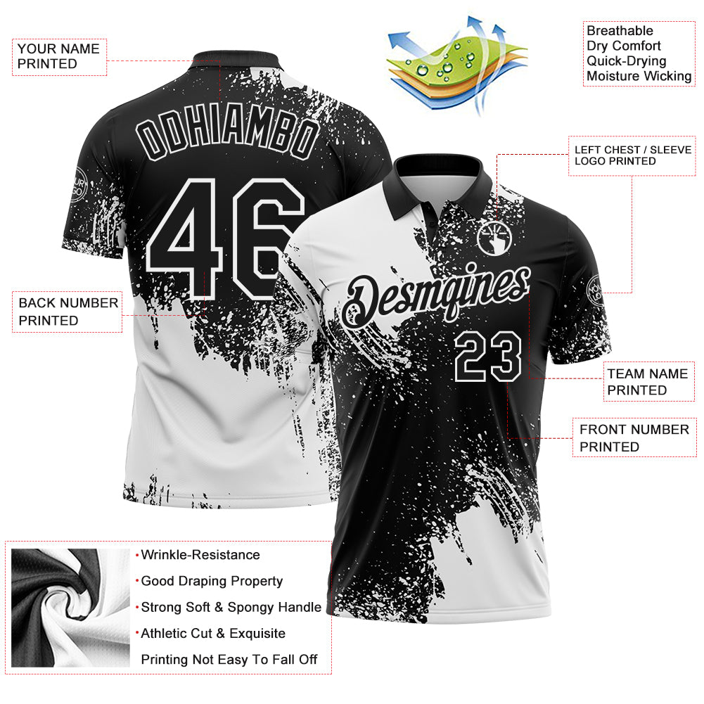 Custom White Black 3D Pattern Design Abstract Brush Stroke Performance Polo Shirt