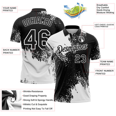 Custom White Black 3D Pattern Design Abstract Brush Stroke Performance Polo Shirt