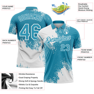 Custom White Panther Blue 3D Pattern Design Abstract Brush Stroke Performance Polo Shirt