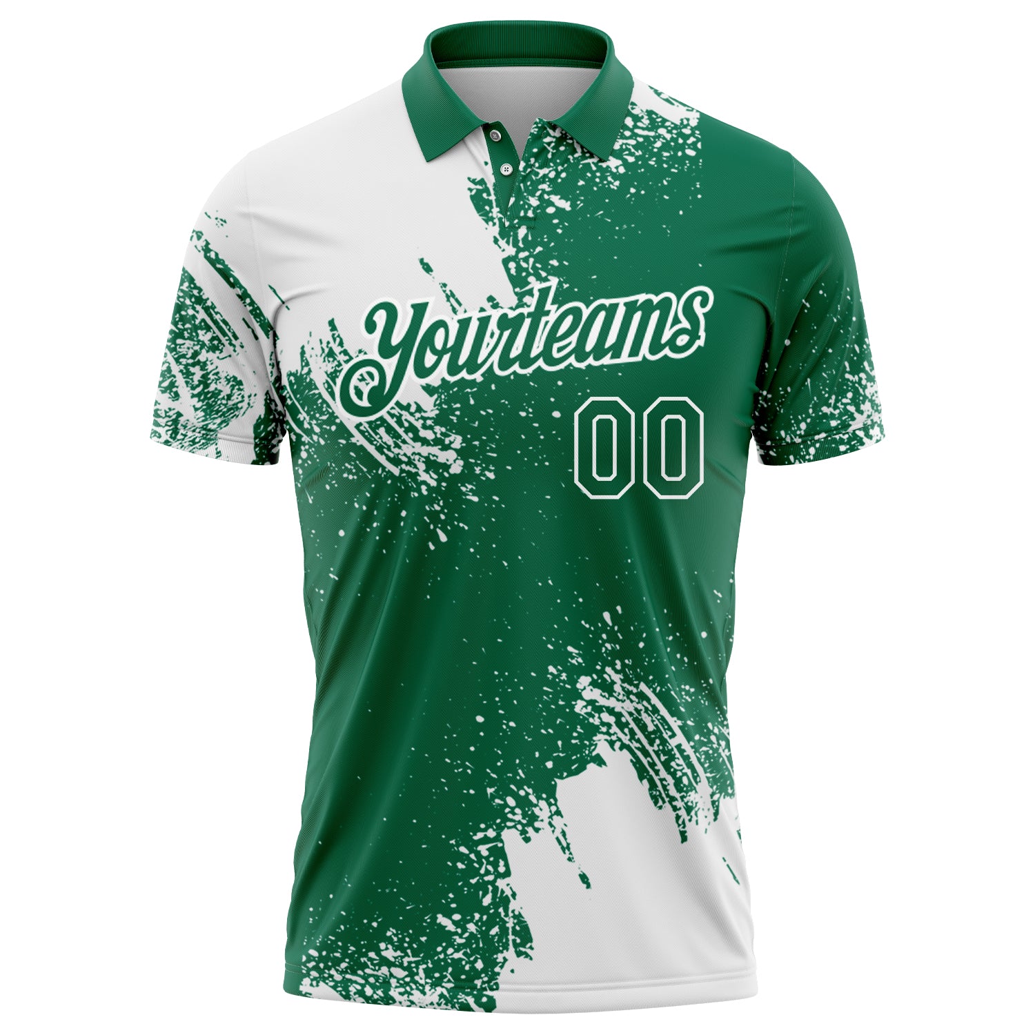 Custom White Kelly Green 3D Pattern Design Abstract Brush Stroke Performance Polo Shirt