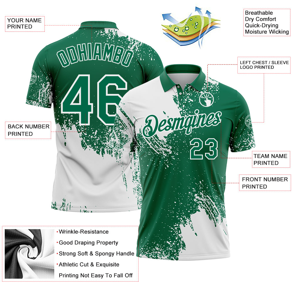 Custom White Kelly Green 3D Pattern Design Abstract Brush Stroke Performance Polo Shirt