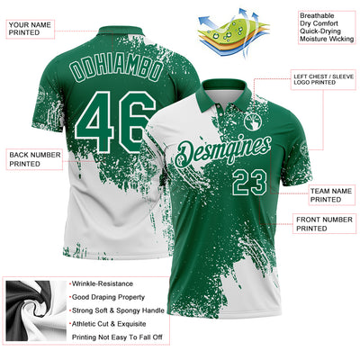 Custom White Kelly Green 3D Pattern Design Abstract Brush Stroke Performance Polo Shirt