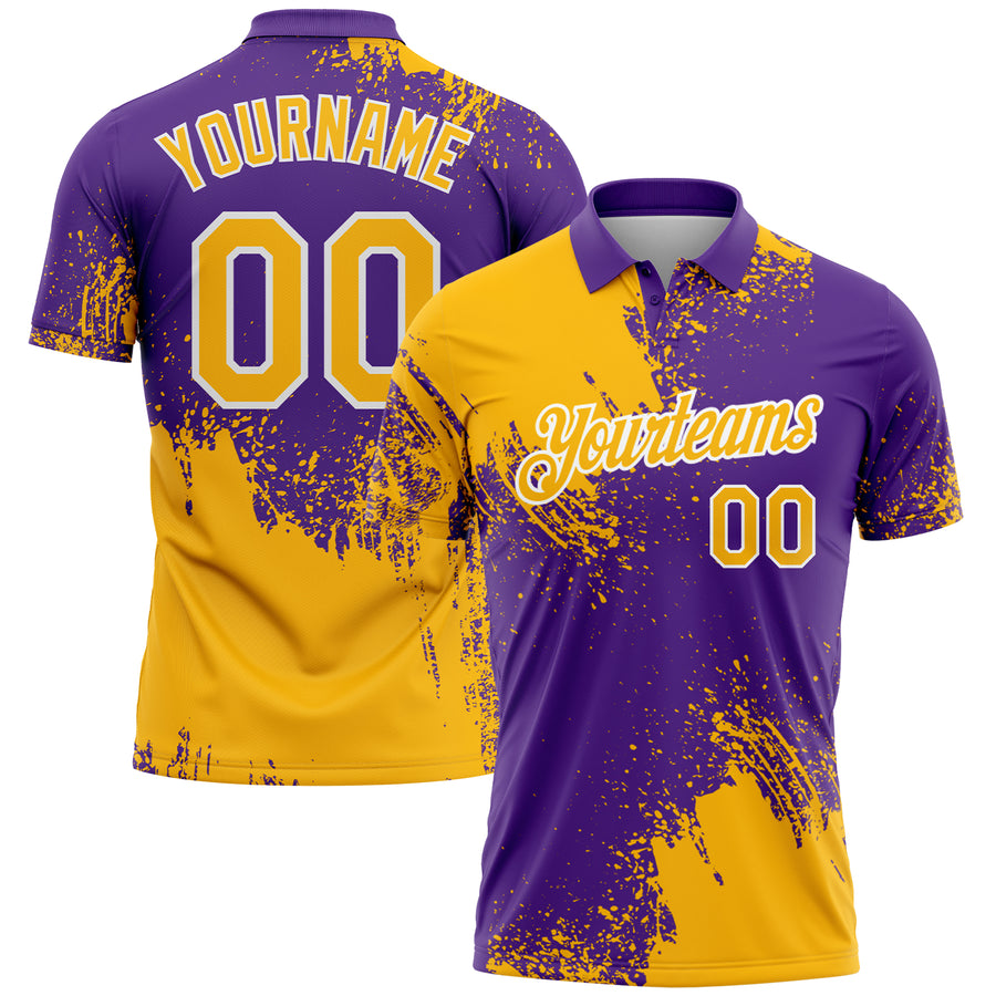 Custom Gold Purple-White 3D Pattern Design Abstract Brush Stroke Performance Polo Shirt