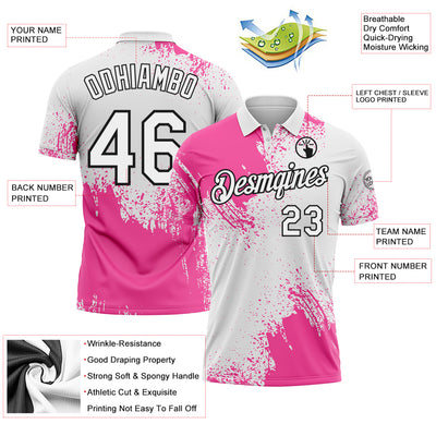 Custom Pink White-Black 3D Pattern Design Abstract Brush Stroke Performance Polo Shirt