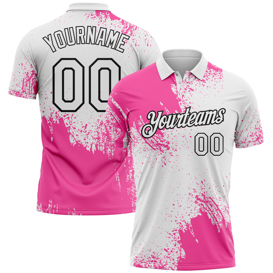 Custom Pink White-Black 3D Pattern Design Abstract Brush Stroke Performance Polo Shirt