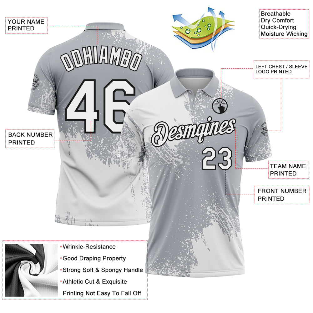 Custom White Gray-Black 3D Pattern Design Abstract Brush Stroke Performance Polo Shirt