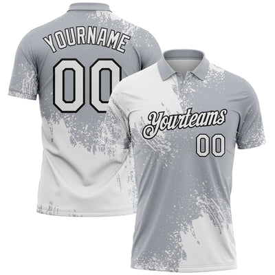 Custom White Gray-Black 3D Pattern Design Abstract Brush Stroke Performance Polo Shirt