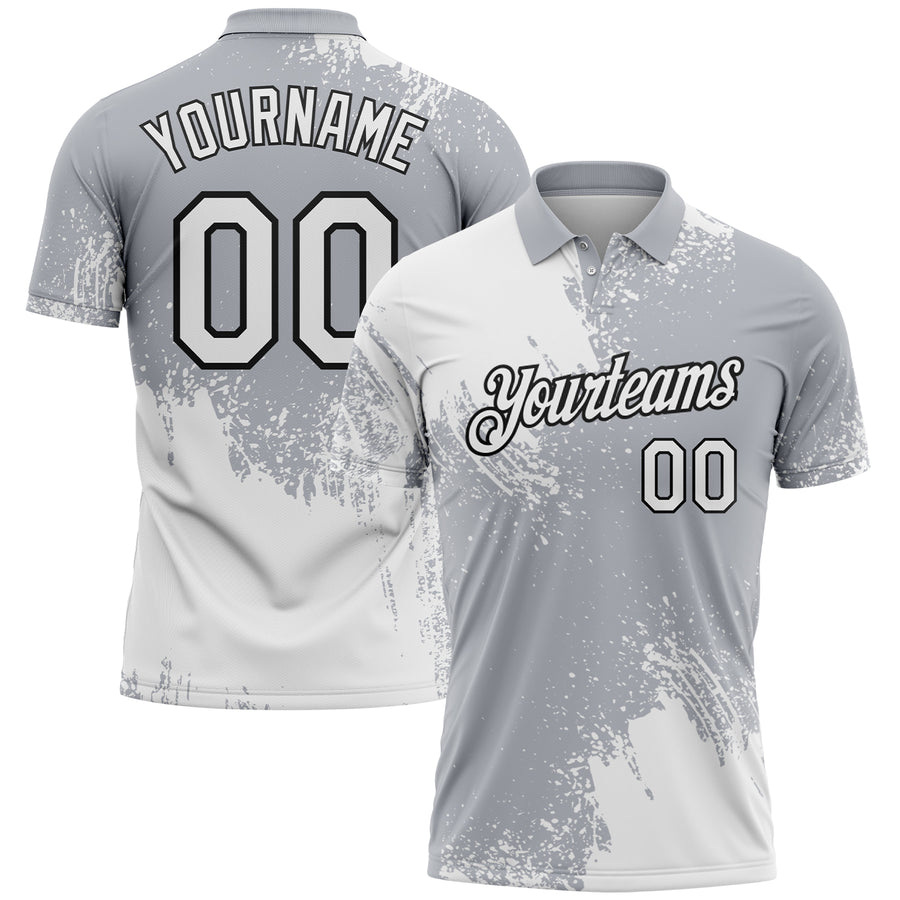 Custom White Gray-Black 3D Pattern Design Abstract Brush Stroke Performance Polo Shirt