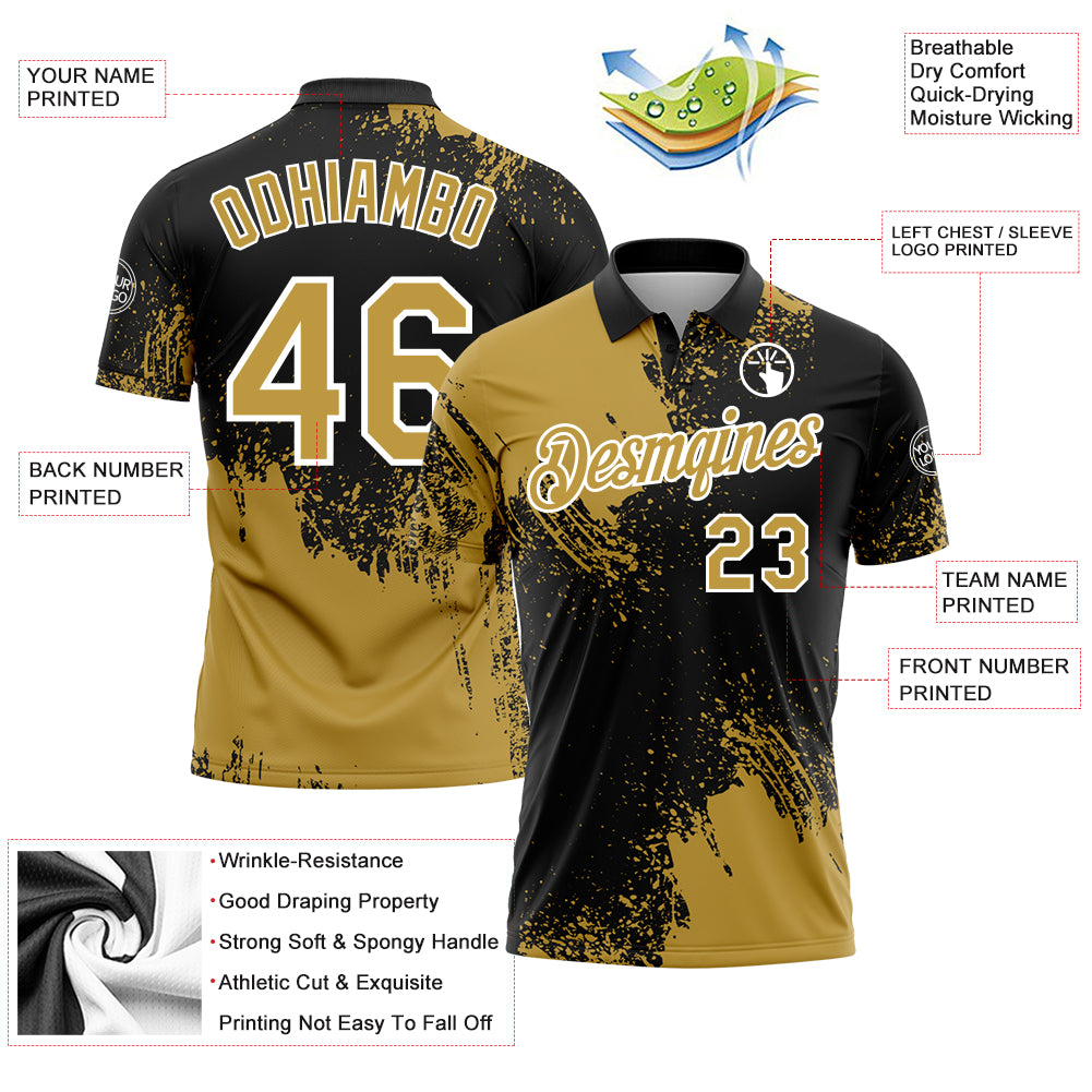 Custom Old Gold Black-White 3D Pattern Design Abstract Brush Stroke Performance Polo Shirt