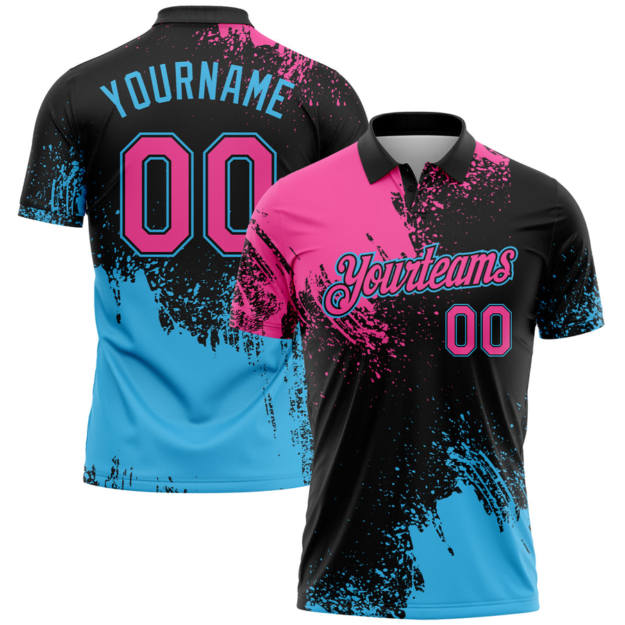 Custom Pink Black-Sky Blue 3D Pattern Design Abstract Brush Stroke Performance Polo Shirt