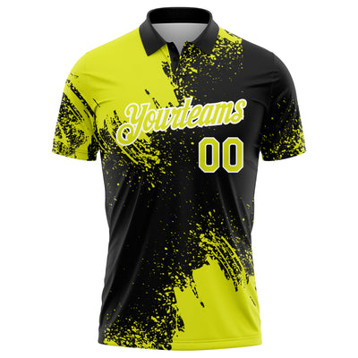 Custom Neon Yellow Black-White 3D Pattern Design Abstract Brush Stroke Performance Polo Shirt