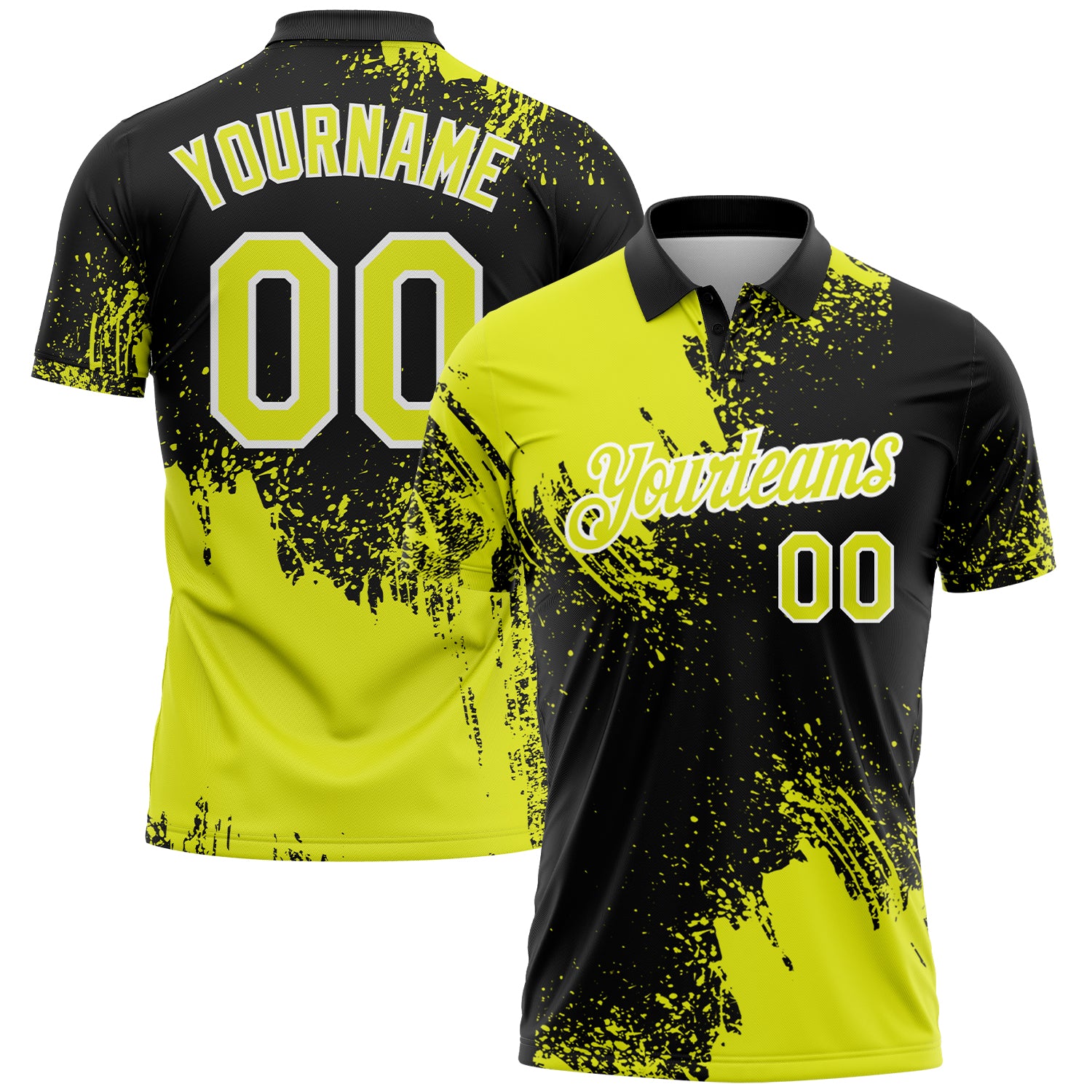 Custom Neon Yellow Black-White 3D Pattern Design Abstract Brush Stroke Performance Polo Shirt