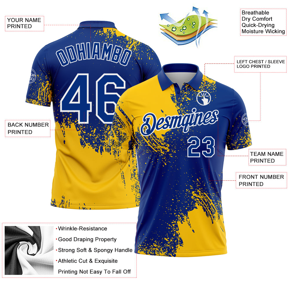 Custom Yellow Royal-White 3D Pattern Design Abstract Brush Stroke Performance Polo Shirt