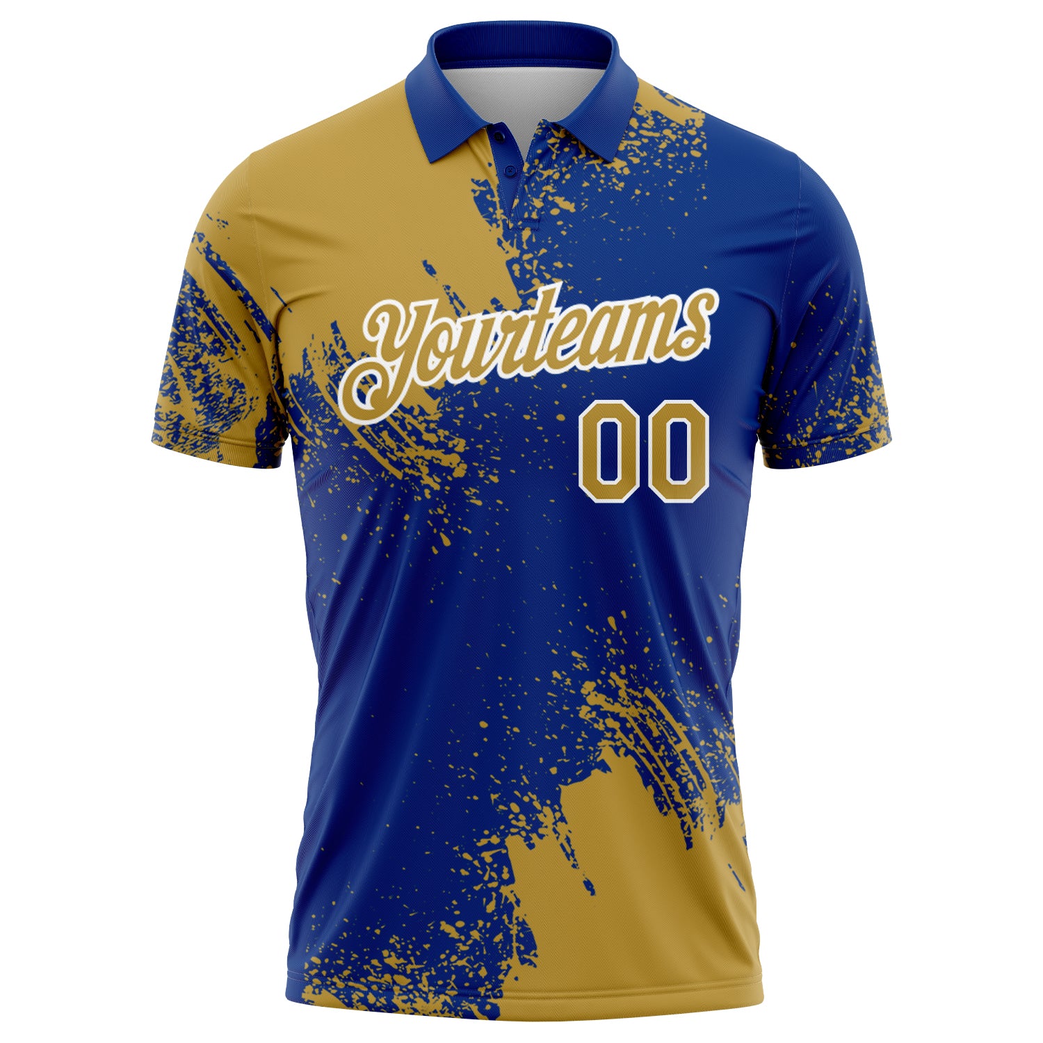 Custom Old Gold Royal-White 3D Pattern Design Abstract Brush Stroke Performance Polo Shirt