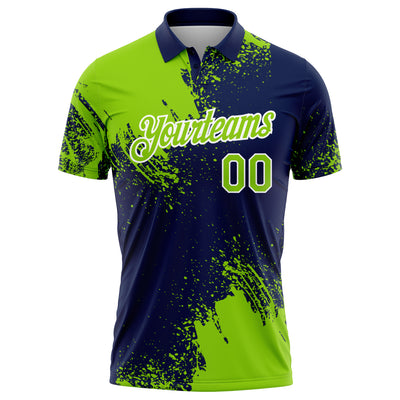 Custom Neon Green Navy-White 3D Pattern Design Abstract Brush Stroke Performance Polo Shirt