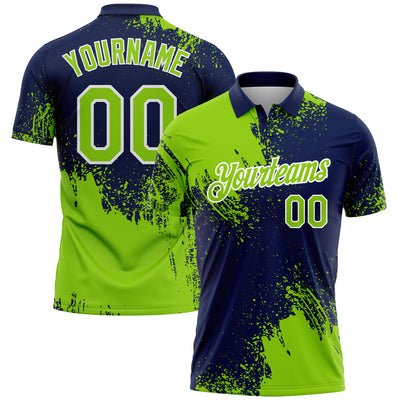 Custom Neon Green Navy-White 3D Pattern Design Abstract Brush Stroke Performance Polo Shirt