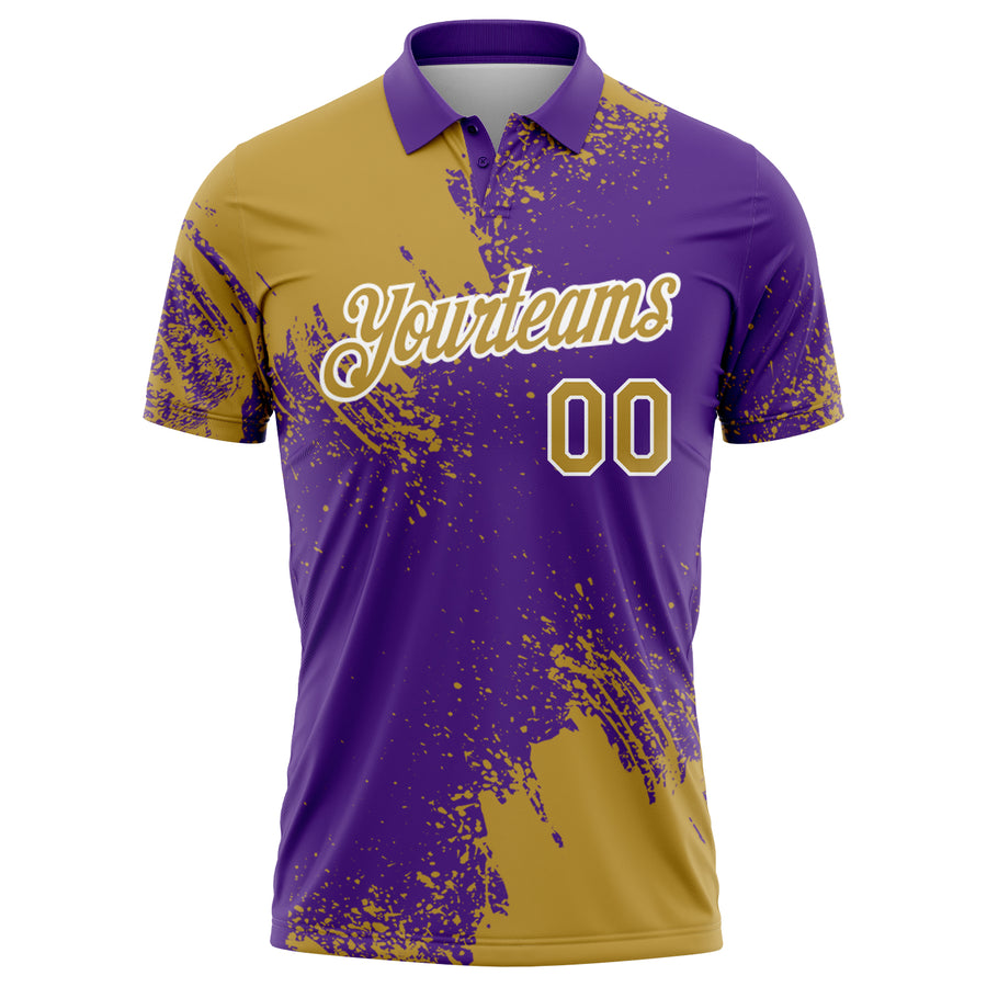 Custom Old Gold Purple-White 3D Pattern Design Abstract Brush Stroke Performance Polo Shirt