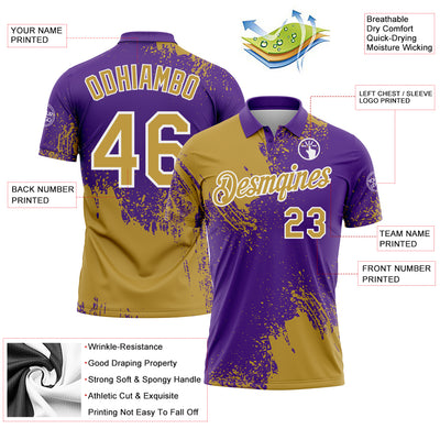 Custom Old Gold Purple-White 3D Pattern Design Abstract Brush Stroke Performance Polo Shirt