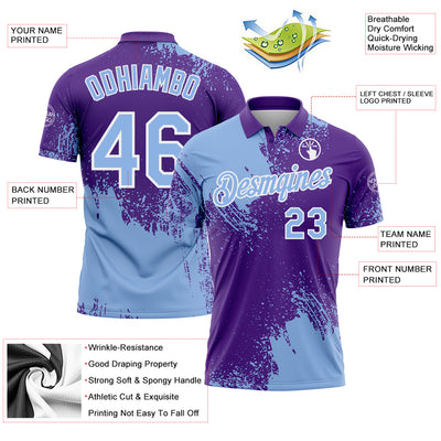 Custom Light Blue Purple-White 3D Pattern Design Abstract Brush Stroke Performance Polo Shirt