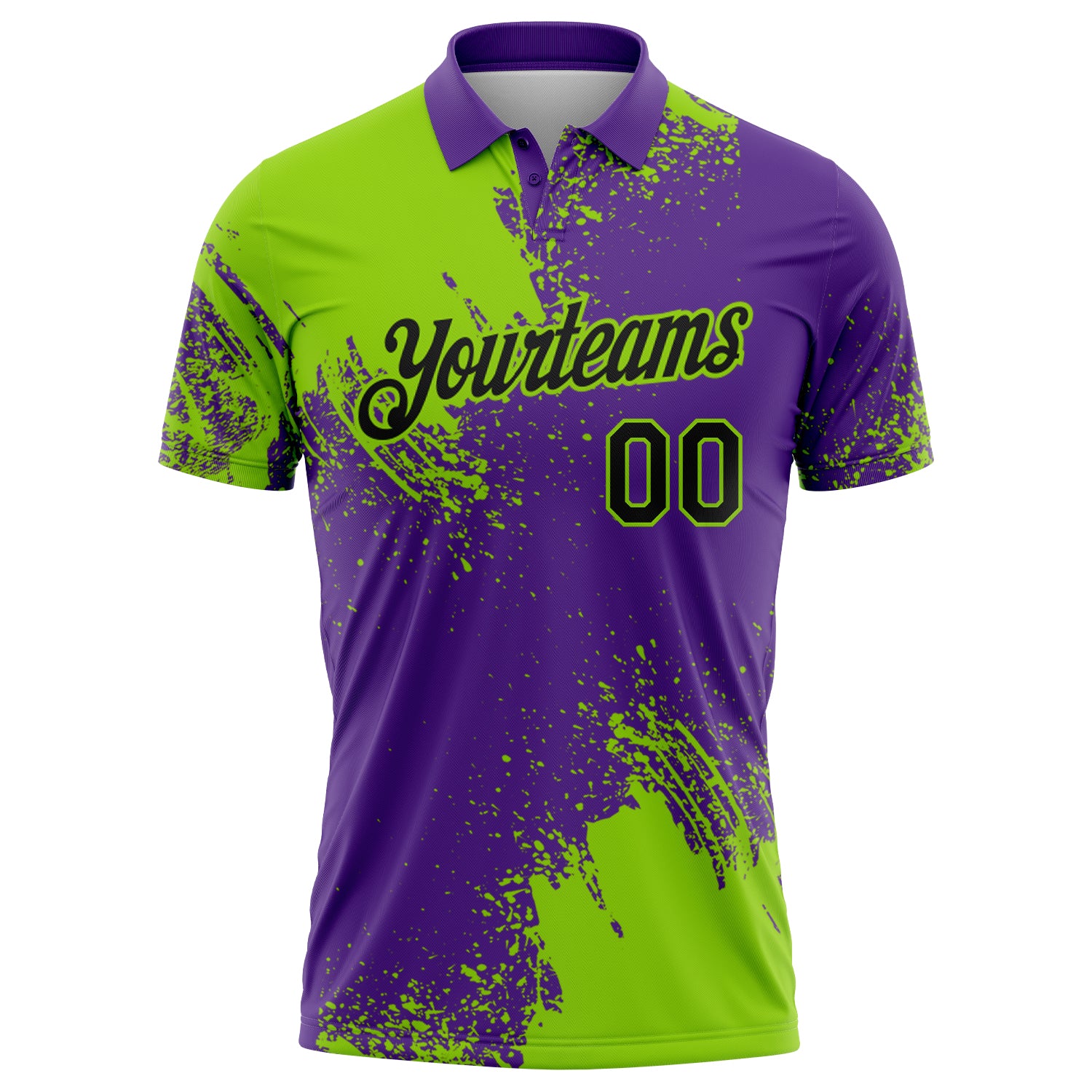 Custom Neon Green Black-Purple 3D Pattern Design Abstract Brush Stroke Performance Polo Shirt