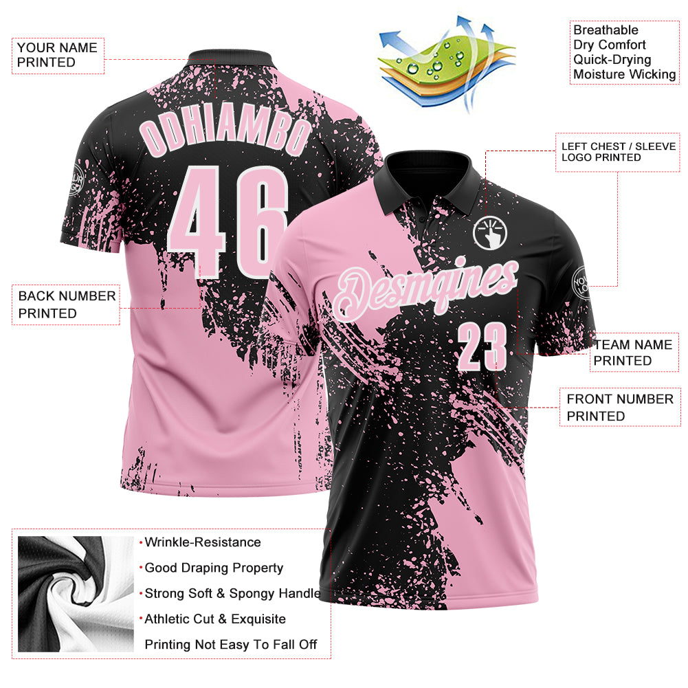 Custom Light Pink Black-White 3D Pattern Design Abstract Brush Stroke Performance Polo Shirt