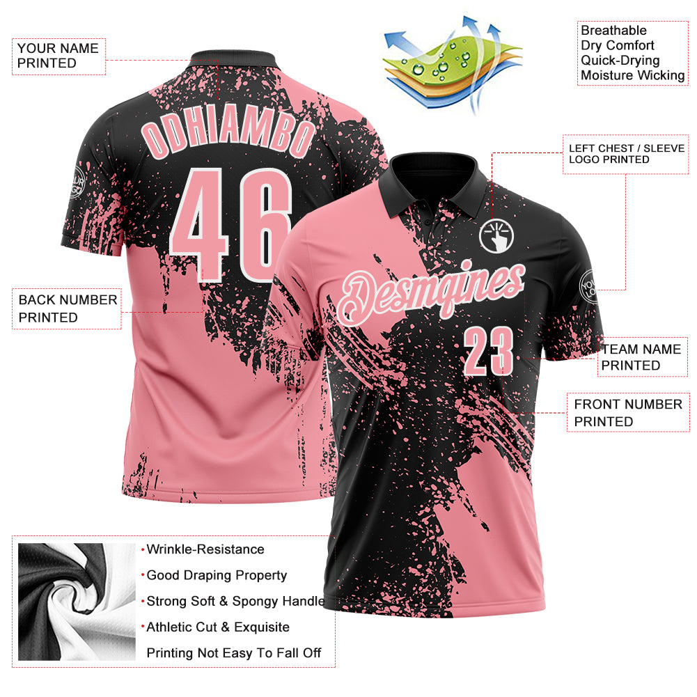 Custom Medium Pink Black-White 3D Pattern Design Abstract Brush Stroke Performance Polo Shirt