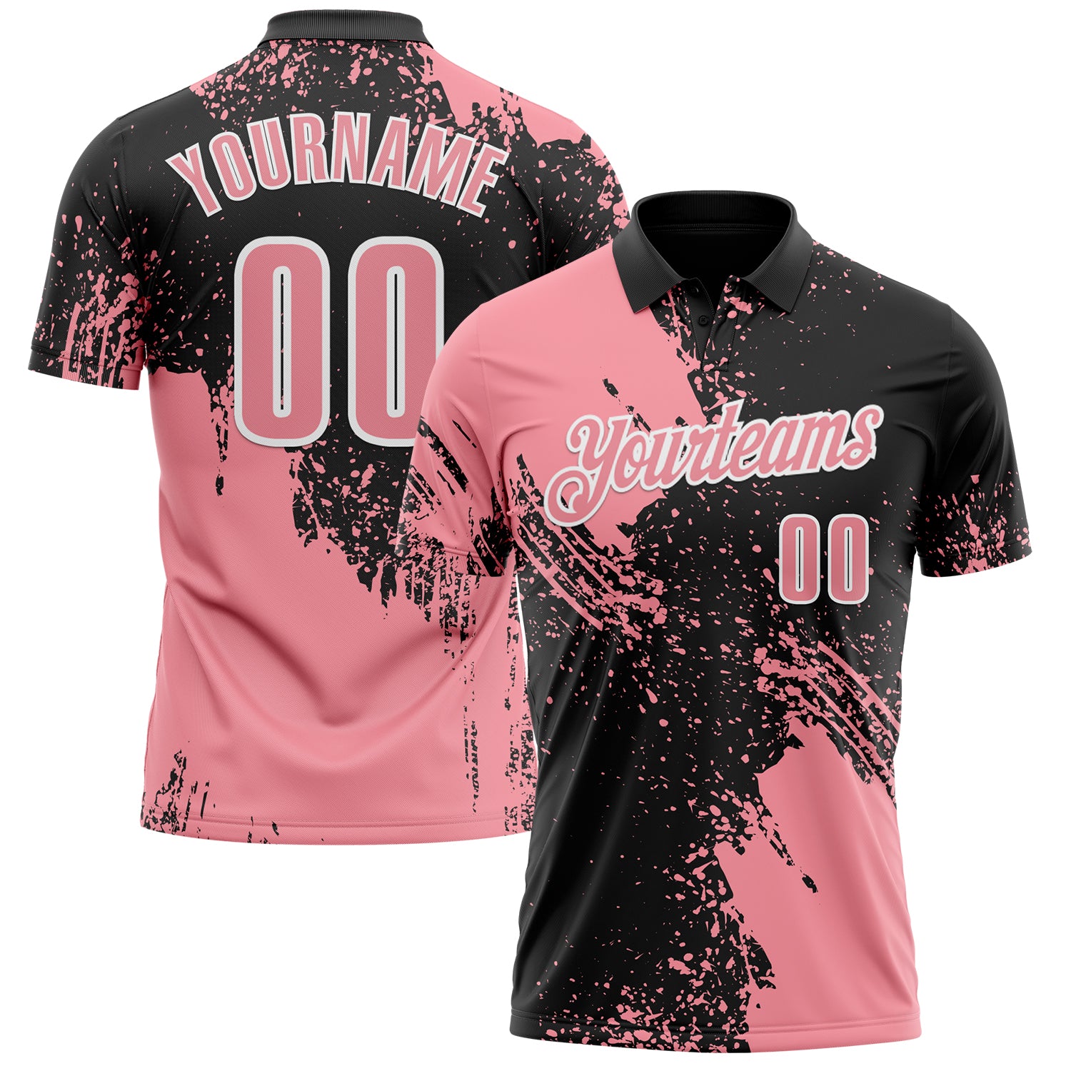 Custom Medium Pink Black-White 3D Pattern Design Abstract Brush Stroke Performance Polo Shirt