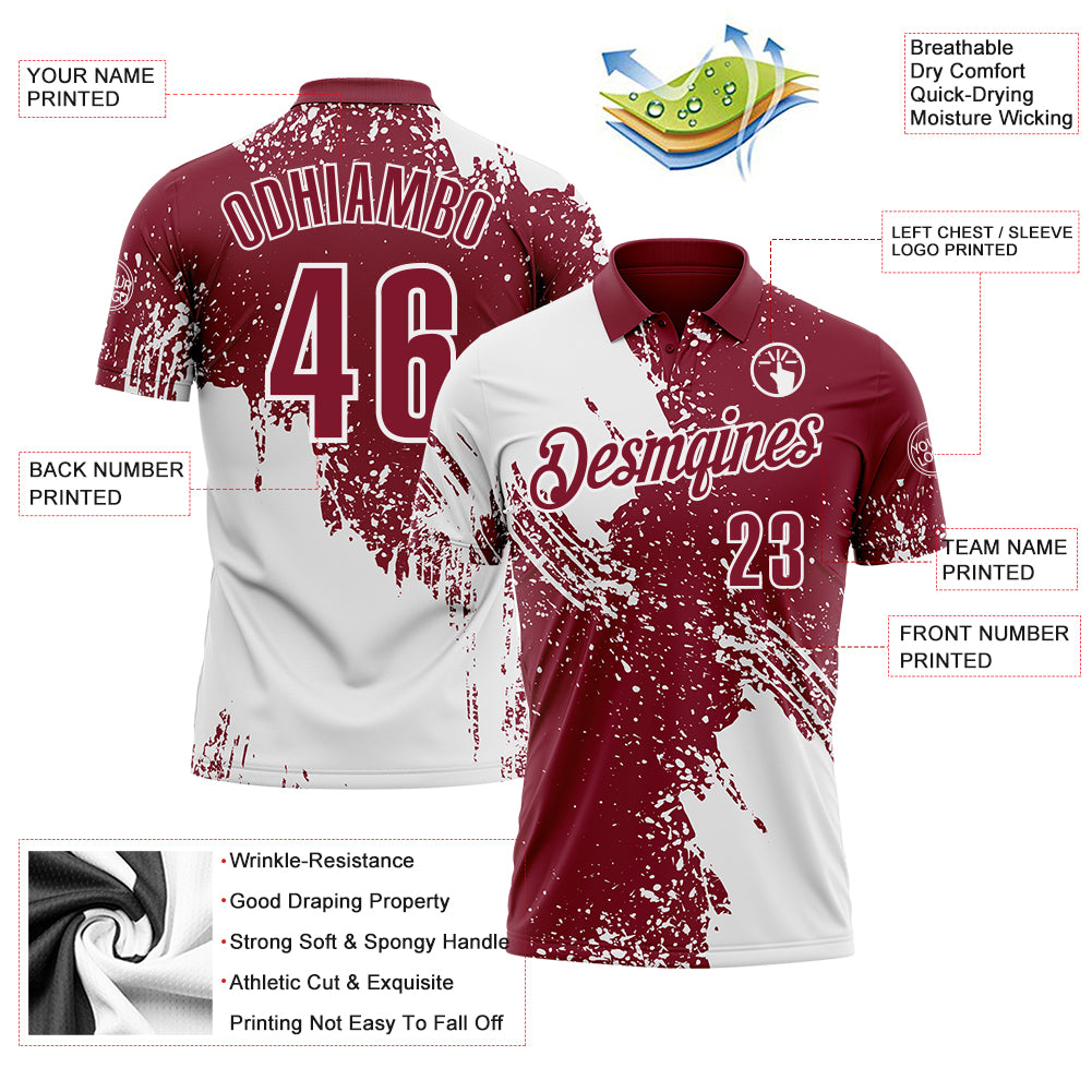 Custom White Crimson 3D Pattern Design Abstract Brush Stroke Performance Polo Shirt