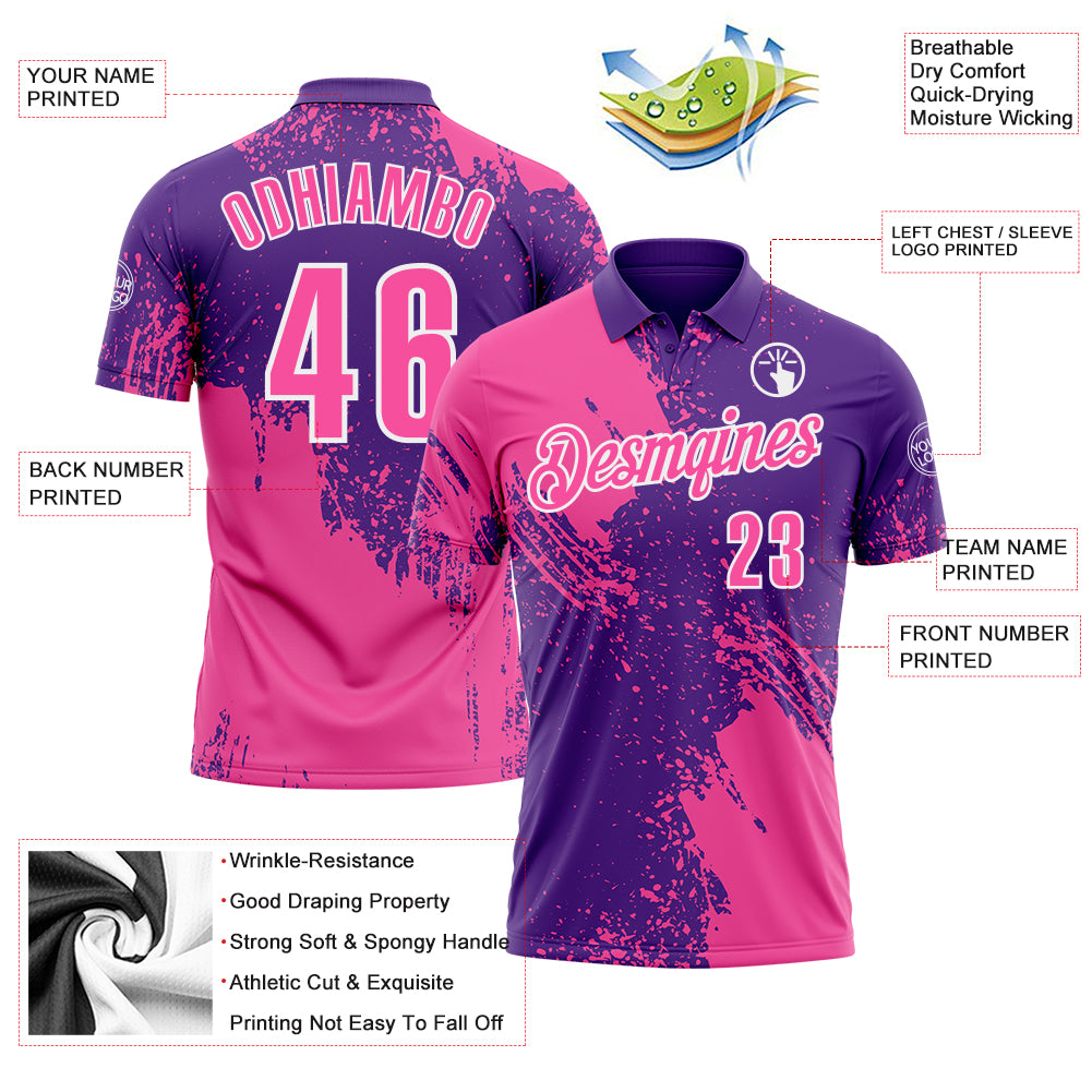 Custom Pink Purple-White 3D Pattern Design Abstract Brush Stroke Performance Polo Shirt