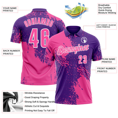 Custom Pink Purple-White 3D Pattern Design Abstract Brush Stroke Performance Polo Shirt