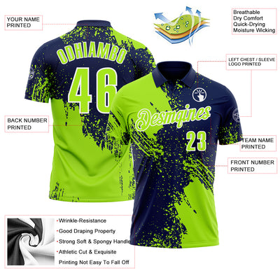 Custom Neon Green Navy-White 3D Pattern Design Abstract Brush Stroke Performance Polo Shirt