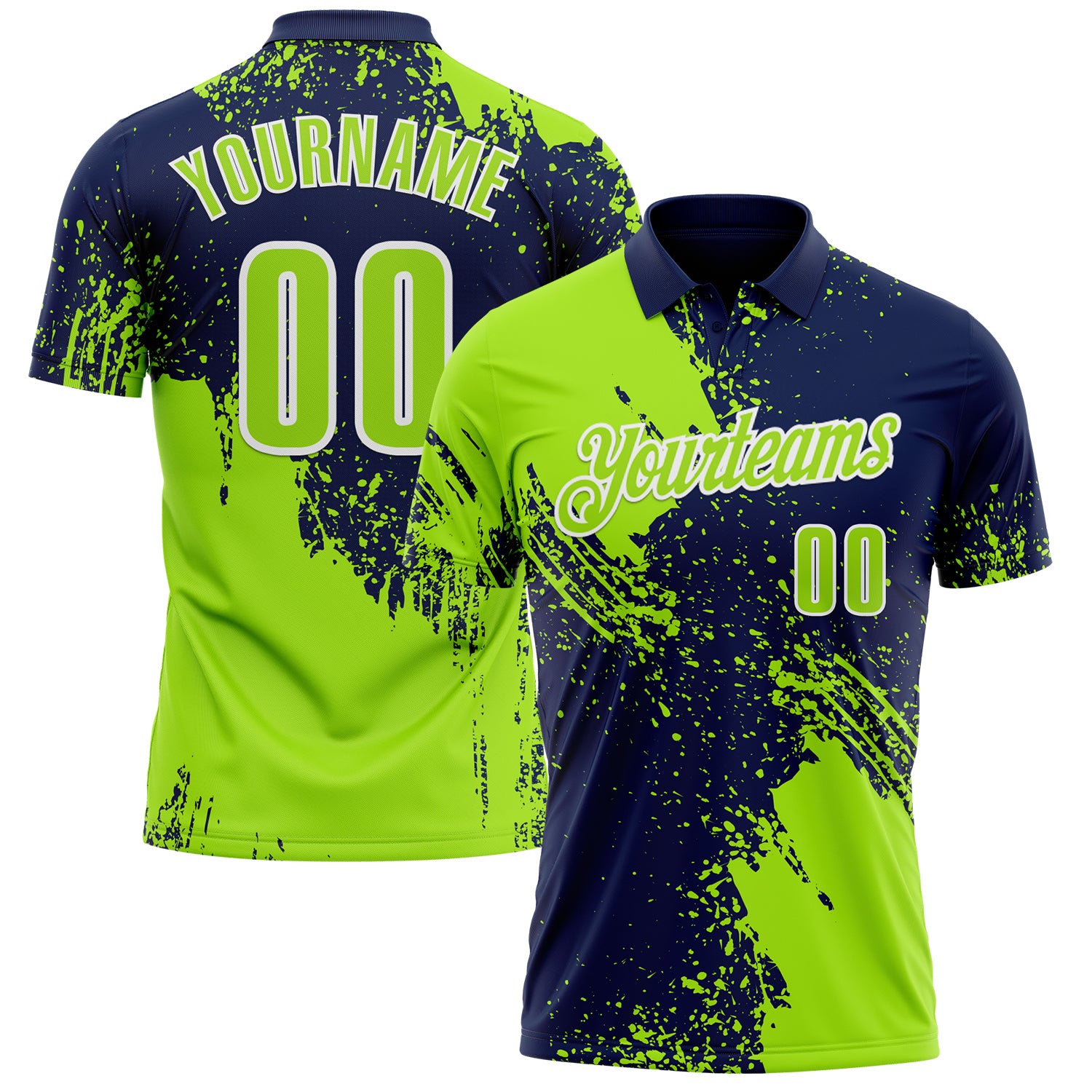 Custom Neon Green Navy-White 3D Pattern Design Abstract Brush Stroke Performance Polo Shirt