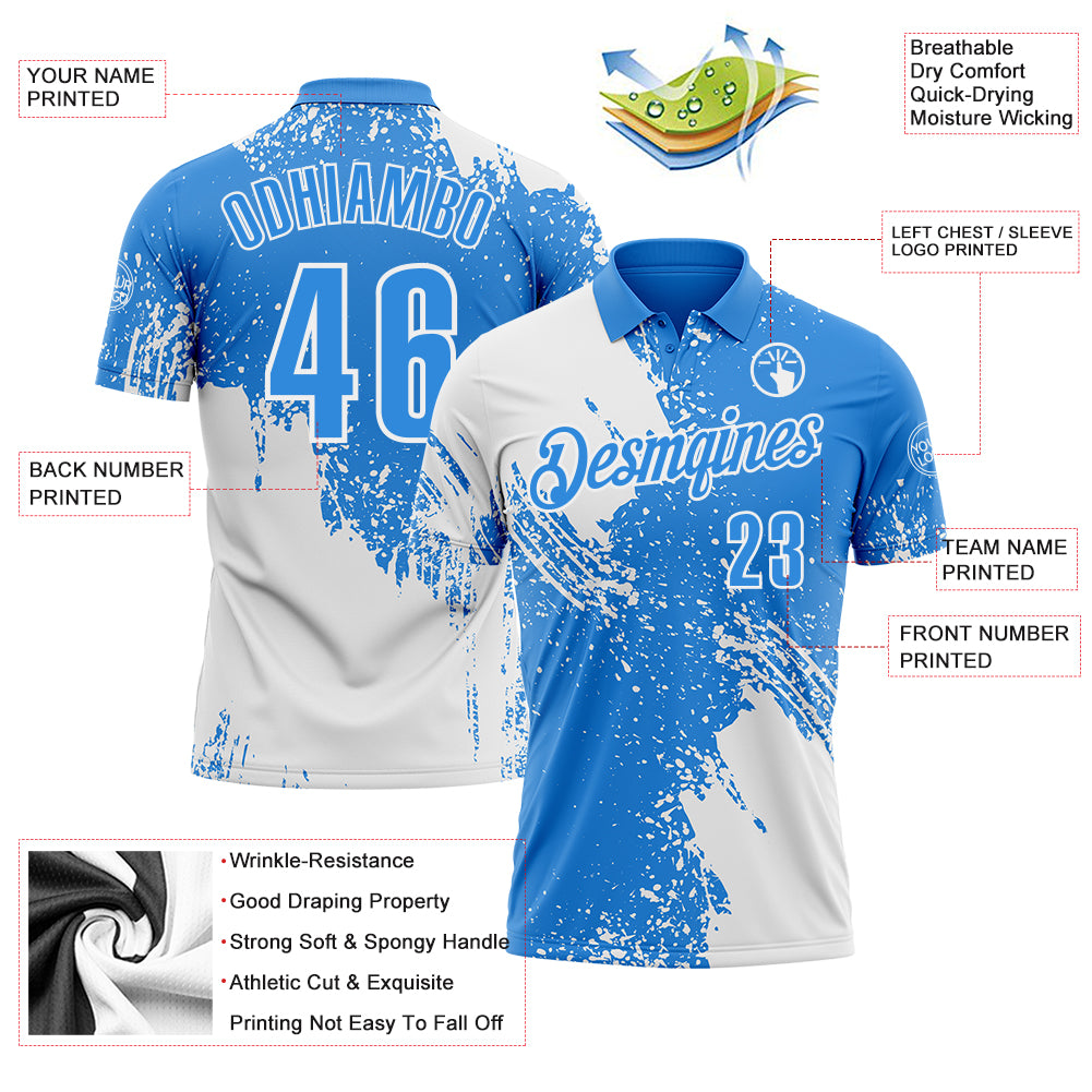 Custom White Powder Blue 3D Pattern Design Abstract Brush Stroke Performance Polo Shirt