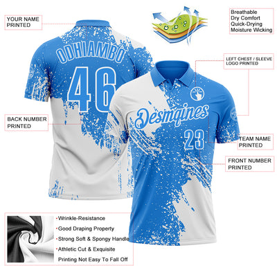 Custom White Powder Blue 3D Pattern Design Abstract Brush Stroke Performance Polo Shirt