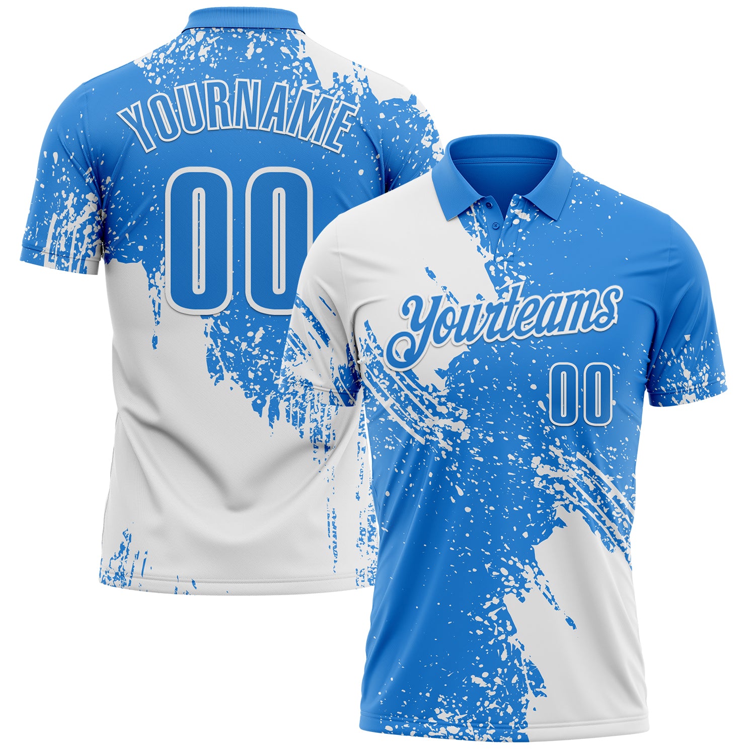Custom White Powder Blue 3D Pattern Design Abstract Brush Stroke Performance Polo Shirt
