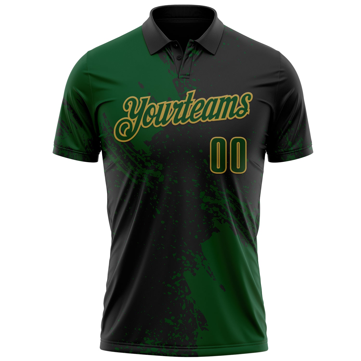 Custom Green Black-Old Gold 3D Pattern Design Abstract Brush Stroke Performance Polo Shirt