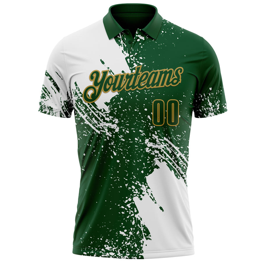 Custom White Green-Old Gold 3D Pattern Design Abstract Brush Stroke Performance Polo Shirt